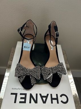 INC International Concepts kivah Black suede Ankle-Strap Heels with Crystal Bow